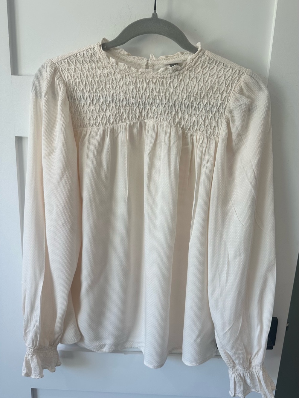 A New Day Women's Cream Small Long Sleeved Smocked Blouse with neck ruffle S